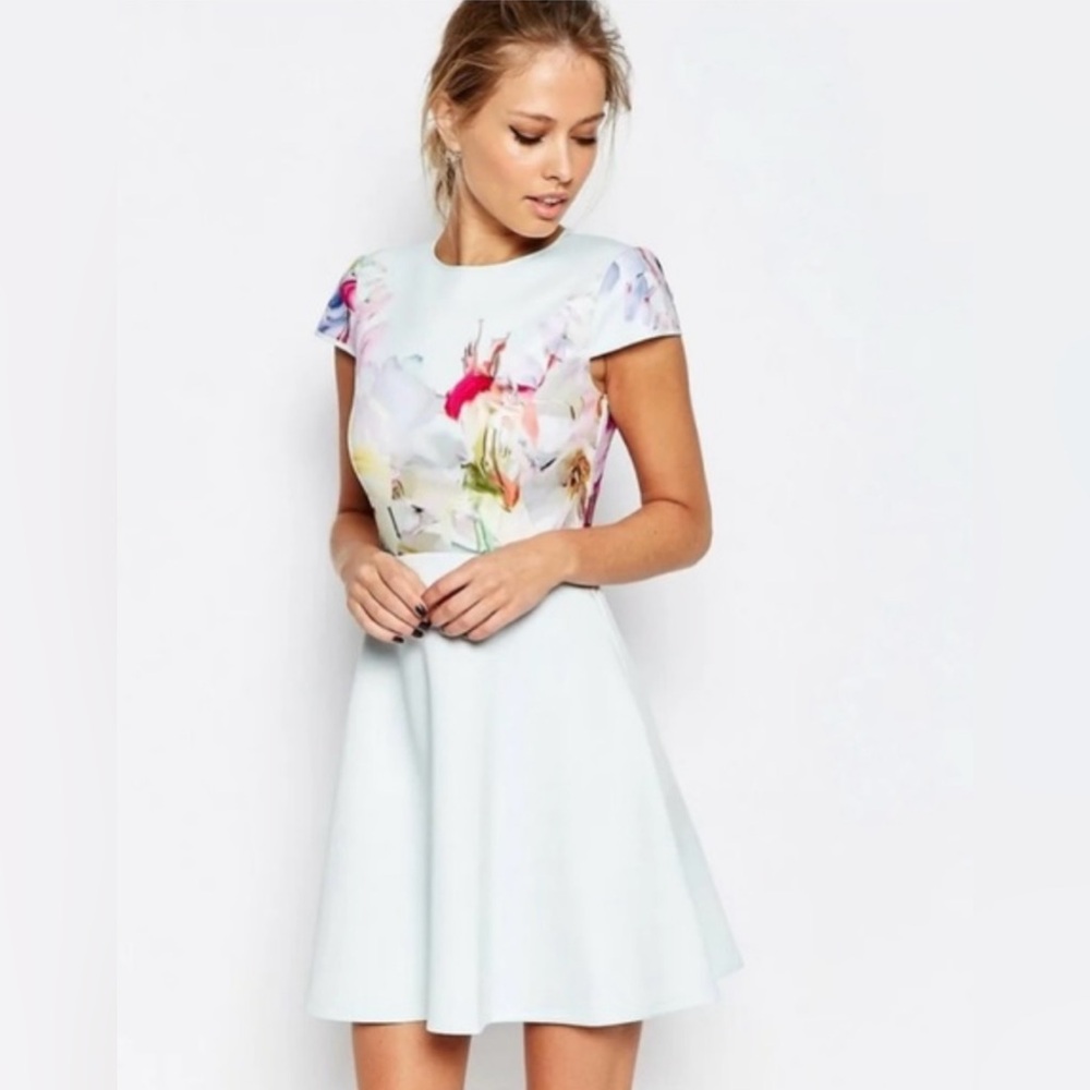 Ted Baker Light Blue Fit-and-Flare Mini Dress with Pastel Floral Bodice